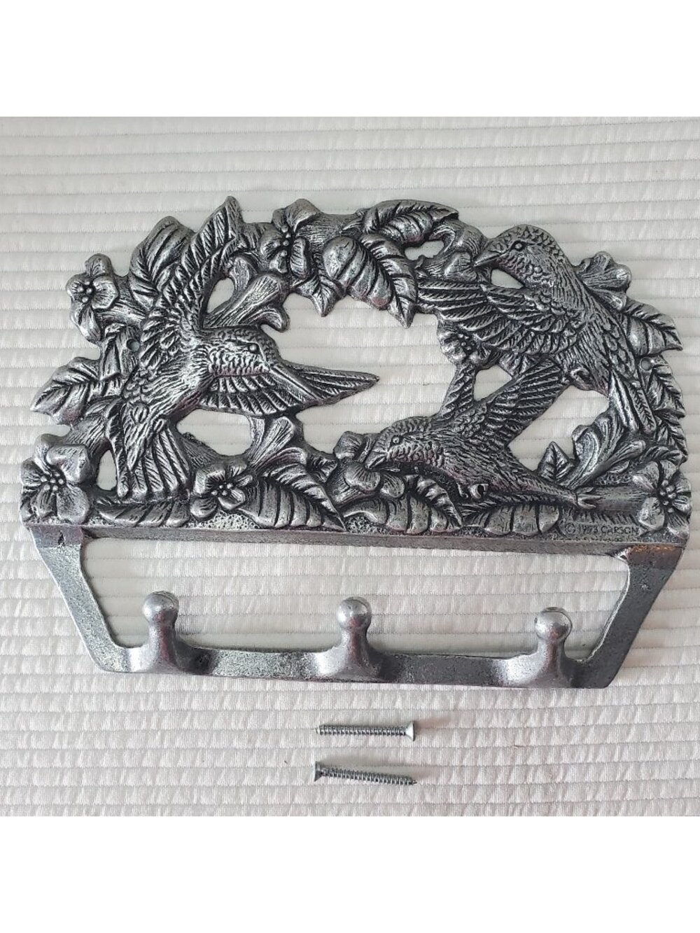 Carson Pewter Key Holder Rack Hummingbirds 3 Pegs 90s Vintage Wall Mounted Decor